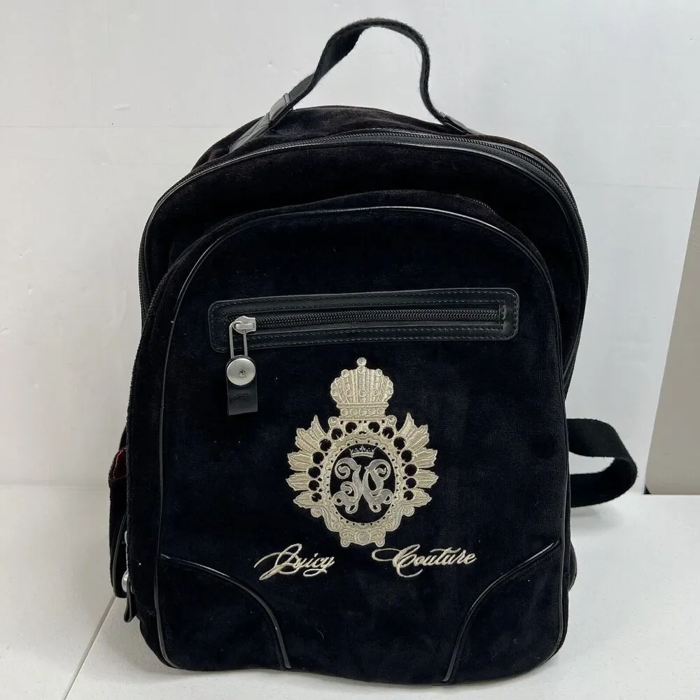 Y2K‎ Vintage JUICY COUTURE Black Velour Backpack Bookbag Weekend Bag Travel